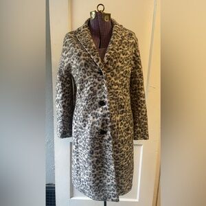 Ann Taylor White Leopard Car Coat Full Length Small Wool Felt Feel